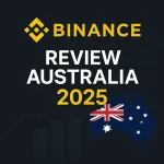 Feature image for Binance Review Australia 2025 showing the Binance logo, bold white and yellow text, and an Australian map with the national flag overlay.